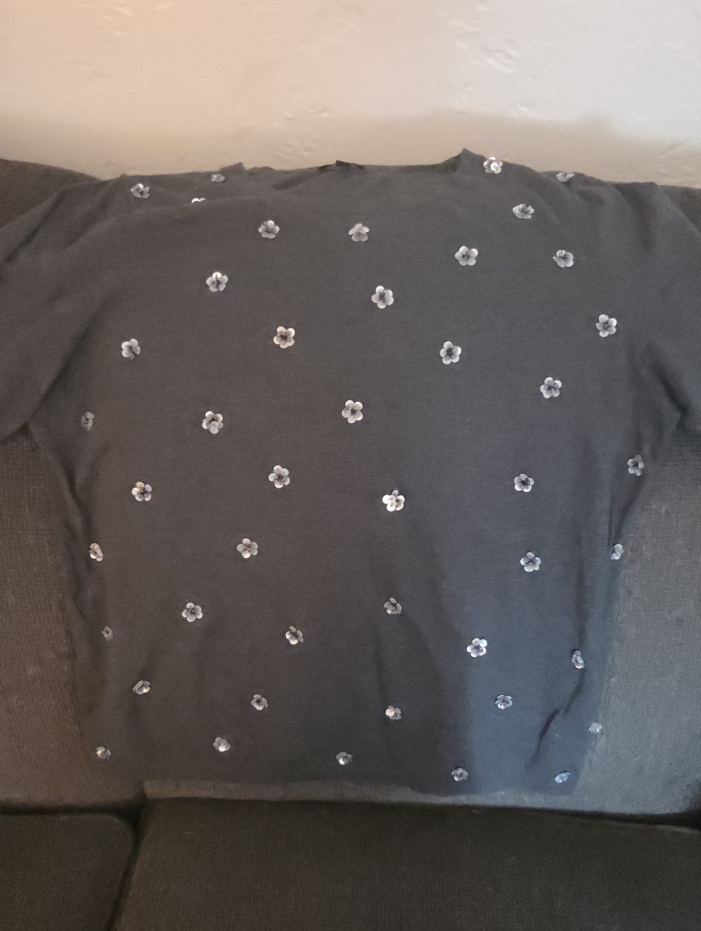 Talbots Black Sequin Flower-Accent Short Sleeve Sweater.